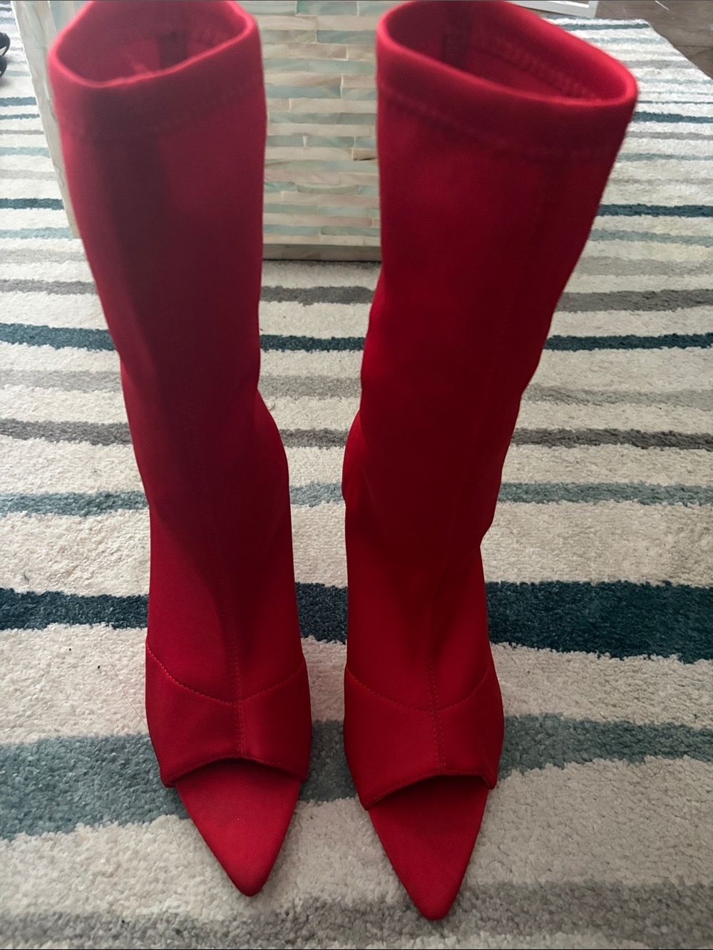 Red Pointed Peep-Toe Sock Heeled Boots